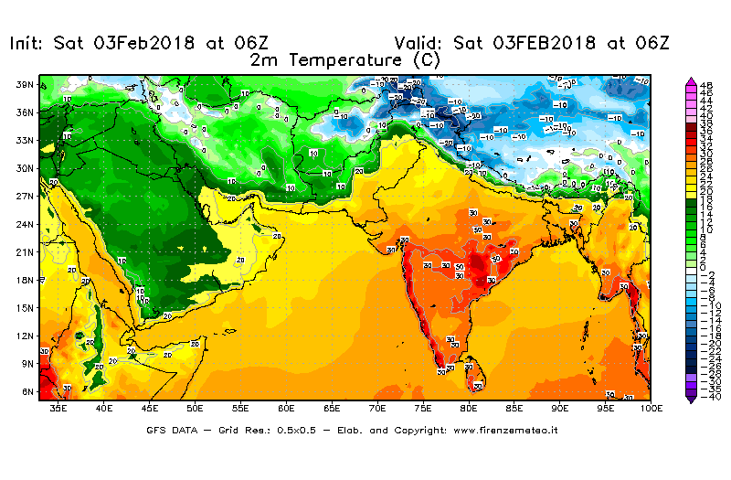 Mappa di analisi GFS - Temperatura a 2 metri dal suolo [°C] in Asia Sud-Occidentale
							del 03/02/2018 06 <!--googleoff: index-->UTC<!--googleon: index-->