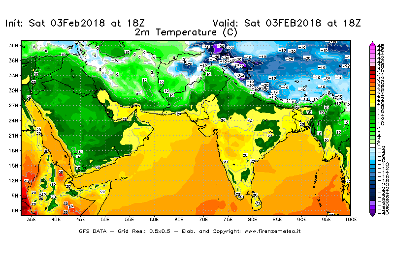 Mappa di analisi GFS - Temperatura a 2 metri dal suolo [°C] in Asia Sud-Occidentale
									del 03/02/2018 18 <!--googleoff: index-->UTC<!--googleon: index-->