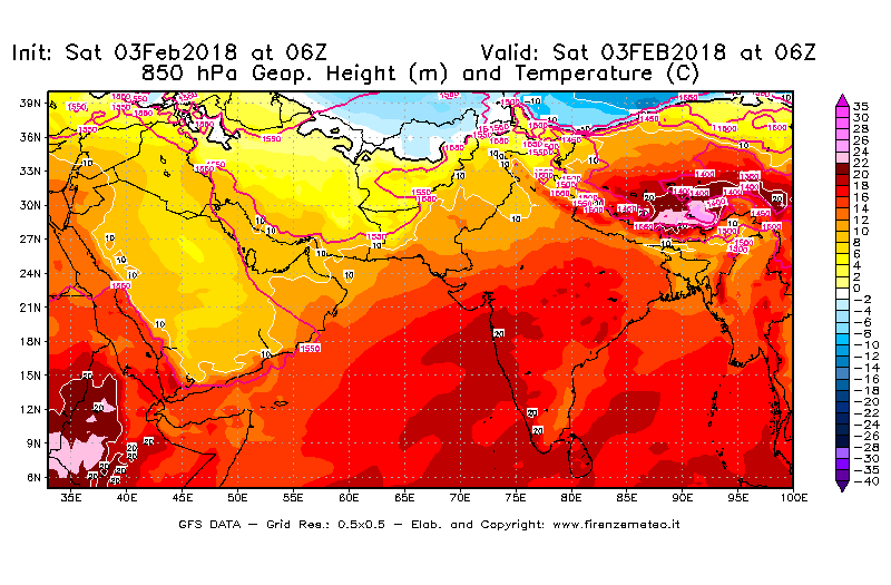 Mappa di analisi GFS - Geopotenziale [m] e Temperatura [°C] a 850 hPa in Asia Sud-Occidentale
							del 03/02/2018 06 <!--googleoff: index-->UTC<!--googleon: index-->