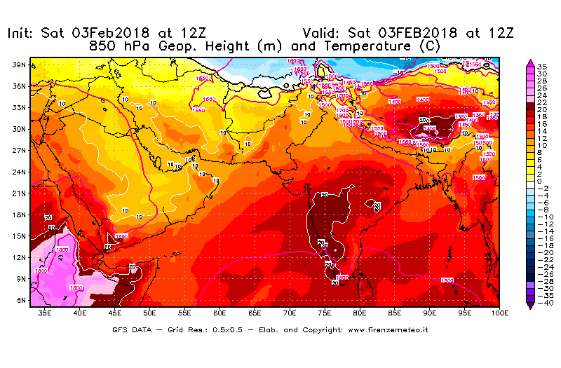Mappa di analisi GFS - Geopotenziale [m] e Temperatura [°C] a 850 hPa in Asia Sud-Occidentale
							del 03/02/2018 12 <!--googleoff: index-->UTC<!--googleon: index-->