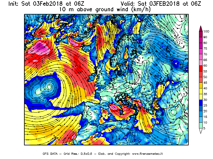 Mappa di analisi GFS - Velocità del vento a 10 metri dal suolo [km/h] in Europa
									del 03/02/2018 06 <!--googleoff: index-->UTC<!--googleon: index-->