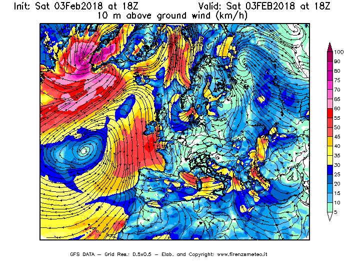 Mappa di analisi GFS - Velocità del vento a 10 metri dal suolo [km/h] in Europa
									del 03/02/2018 18 <!--googleoff: index-->UTC<!--googleon: index-->