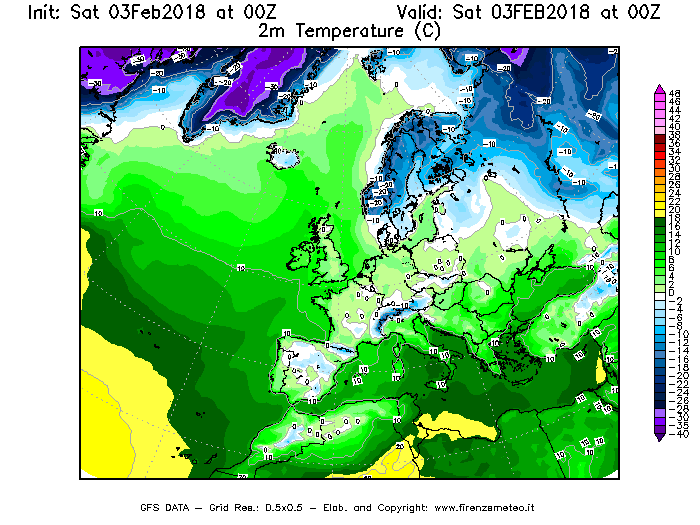 Mappa di analisi GFS - Temperatura a 2 metri dal suolo [°C] in Europa
									del 03/02/2018 00 <!--googleoff: index-->UTC<!--googleon: index-->