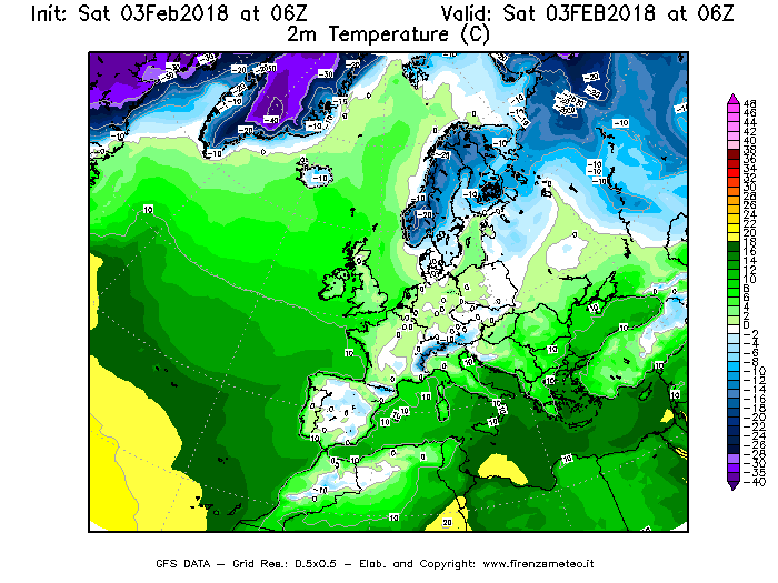 Mappa di analisi GFS - Temperatura a 2 metri dal suolo [°C] in Europa
									del 03/02/2018 06 <!--googleoff: index-->UTC<!--googleon: index-->