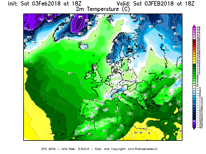 Mappa di analisi GFS - Temperatura a 2 metri dal suolo [°C] in Europa
							del 03/02/2018 18 <!--googleoff: index-->UTC<!--googleon: index-->