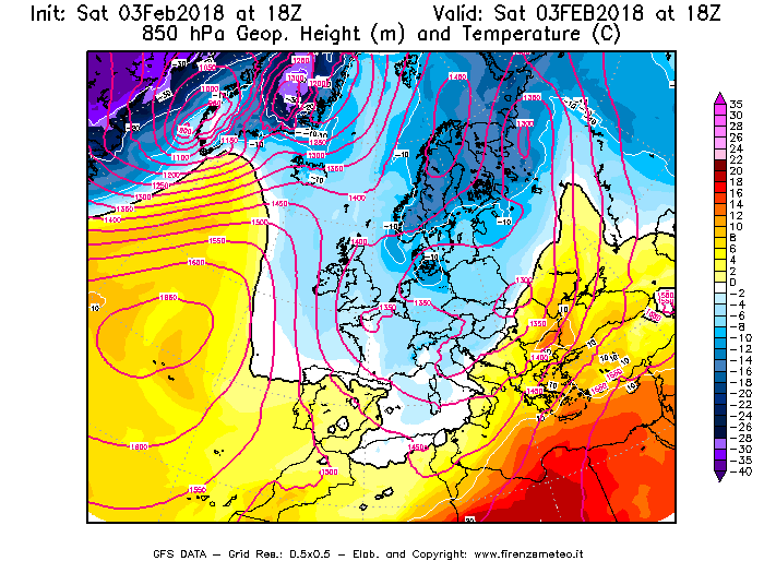 Mappa di analisi GFS - Geopotenziale [m] e Temperatura [°C] a 850 hPa in Europa
									del 03/02/2018 18 <!--googleoff: index-->UTC<!--googleon: index-->