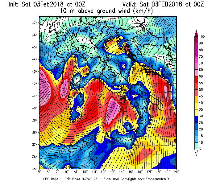 Mappa di analisi GFS - Velocità del vento a 10 metri dal suolo [km/h] in Italia
									del 03/02/2018 00 <!--googleoff: index-->UTC<!--googleon: index-->