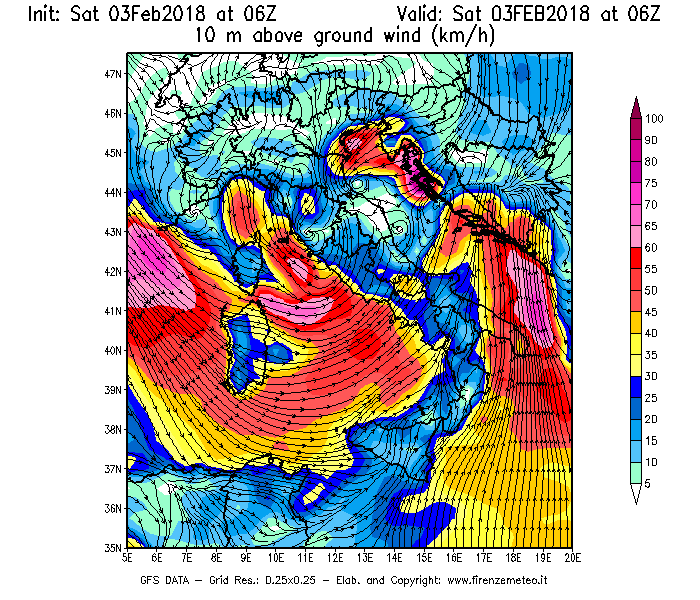 Mappa di analisi GFS - Velocità del vento a 10 metri dal suolo [km/h] in Italia
							del 03/02/2018 06 <!--googleoff: index-->UTC<!--googleon: index-->