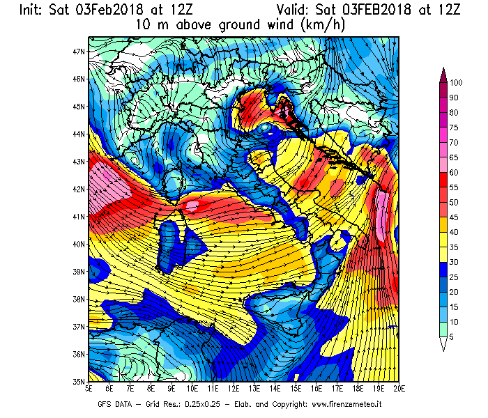Mappa di analisi GFS - Velocità del vento a 10 metri dal suolo [km/h] in Italia
									del 03/02/2018 12 <!--googleoff: index-->UTC<!--googleon: index-->