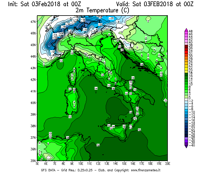 Mappa di analisi GFS - Temperatura a 2 metri dal suolo [°C] in Italia
							del 03/02/2018 00 <!--googleoff: index-->UTC<!--googleon: index-->