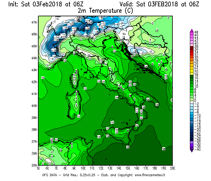 Mappa di analisi GFS - Temperatura a 2 metri dal suolo [°C] in Italia
							del 03/02/2018 06 <!--googleoff: index-->UTC<!--googleon: index-->