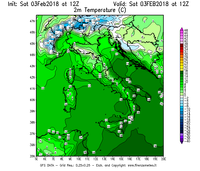 Mappa di analisi GFS - Temperatura a 2 metri dal suolo [°C] in Italia
							del 03/02/2018 12 <!--googleoff: index-->UTC<!--googleon: index-->
