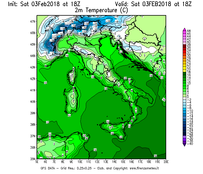 Mappa di analisi GFS - Temperatura a 2 metri dal suolo [°C] in Italia
									del 03/02/2018 18 <!--googleoff: index-->UTC<!--googleon: index-->