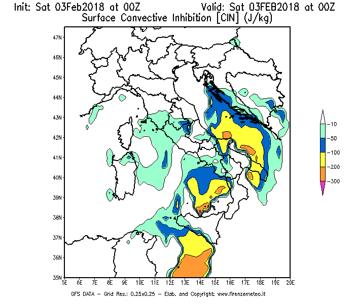Mappa di analisi GFS - CIN [J/kg] in Italia
							del 03/02/2018 00 <!--googleoff: index-->UTC<!--googleon: index-->