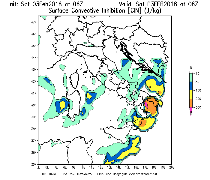 Mappa di analisi GFS - CIN [J/kg] in Italia
									del 03/02/2018 06 <!--googleoff: index-->UTC<!--googleon: index-->