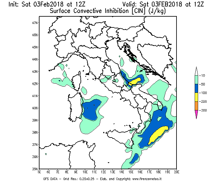 Mappa di analisi GFS - CIN [J/kg] in Italia
							del 03/02/2018 12 <!--googleoff: index-->UTC<!--googleon: index-->