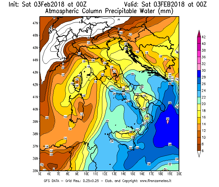 Mappa di analisi GFS - Precipitable Water [mm] in Italia
							del 03/02/2018 00 <!--googleoff: index-->UTC<!--googleon: index-->