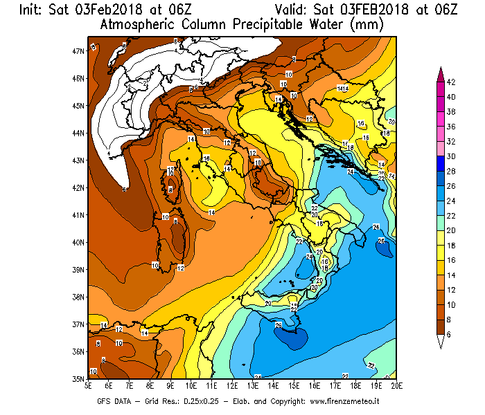 Mappa di analisi GFS - Precipitable Water [mm] in Italia
							del 03/02/2018 06 <!--googleoff: index-->UTC<!--googleon: index-->