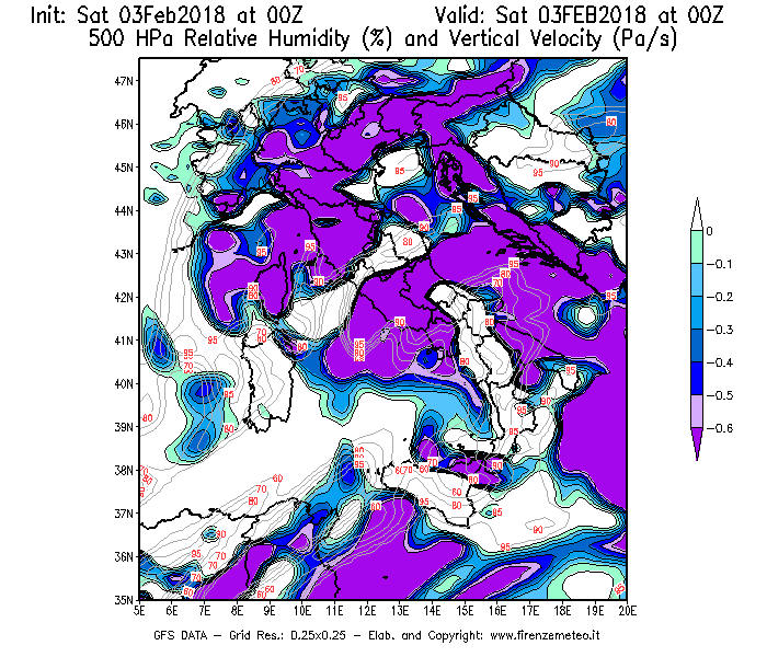 Mappa di analisi GFS - Umidità relativa [%] e Omega [Pa/s] a 500 hPa in Italia
							del 03/02/2018 00 <!--googleoff: index-->UTC<!--googleon: index-->