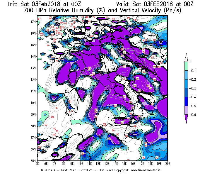 Mappa di analisi GFS - Umidità relativa [%] e Omega [Pa/s] a 700 hPa in Italia
									del 03/02/2018 00 <!--googleoff: index-->UTC<!--googleon: index-->