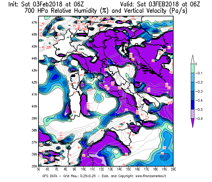 Mappa di analisi GFS - Umidità relativa [%] e Omega [Pa/s] a 700 hPa in Italia
									del 03/02/2018 06 <!--googleoff: index-->UTC<!--googleon: index-->