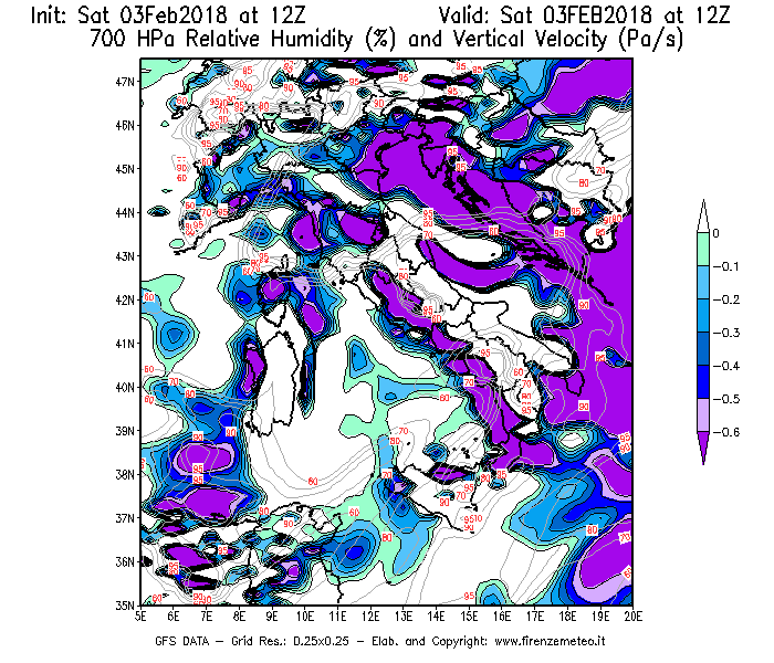 Mappa di analisi GFS - Umidità relativa [%] e Omega [Pa/s] a 700 hPa in Italia
									del 03/02/2018 12 <!--googleoff: index-->UTC<!--googleon: index-->