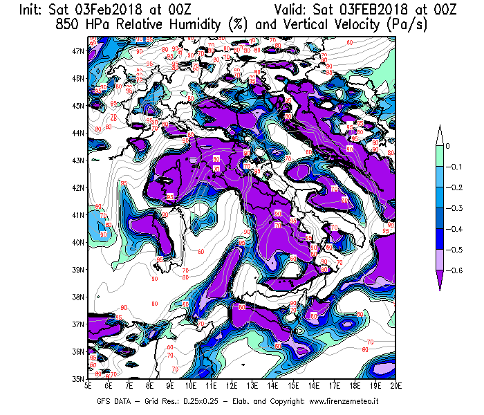 Mappa di analisi GFS - Umidità relativa [%] e Omega [Pa/s] a 850 hPa in Italia
							del 03/02/2018 00 <!--googleoff: index-->UTC<!--googleon: index-->