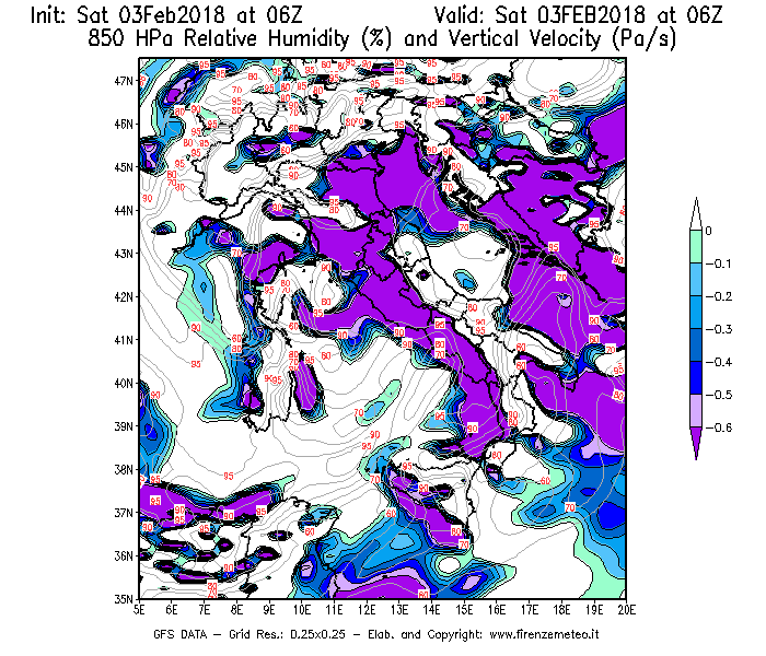 Mappa di analisi GFS - Umidità relativa [%] e Omega [Pa/s] a 850 hPa in Italia
									del 03/02/2018 06 <!--googleoff: index-->UTC<!--googleon: index-->