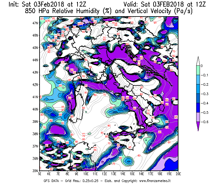 Mappa di analisi GFS - Umidità relativa [%] e Omega [Pa/s] a 850 hPa in Italia
									del 03/02/2018 12 <!--googleoff: index-->UTC<!--googleon: index-->