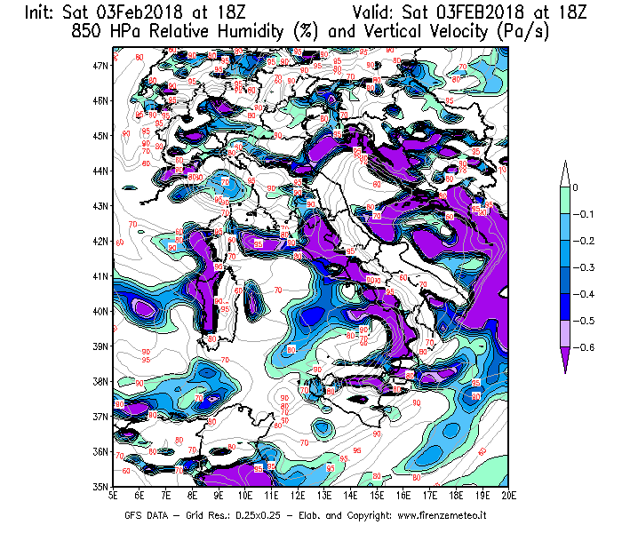 Mappa di analisi GFS - Umidità relativa [%] e Omega [Pa/s] a 850 hPa in Italia
							del 03/02/2018 18 <!--googleoff: index-->UTC<!--googleon: index-->