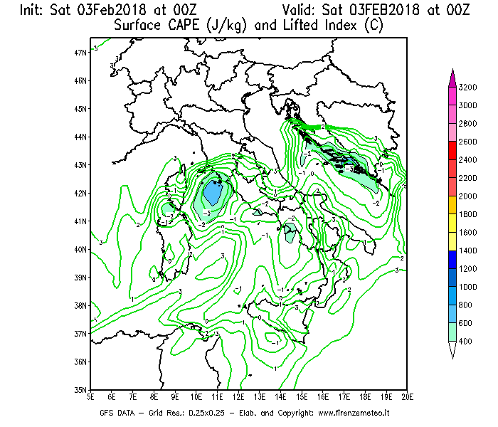 Mappa di analisi GFS - CAPE [J/kg] e Lifted Index [°C] in Italia
									del 03/02/2018 00 <!--googleoff: index-->UTC<!--googleon: index-->