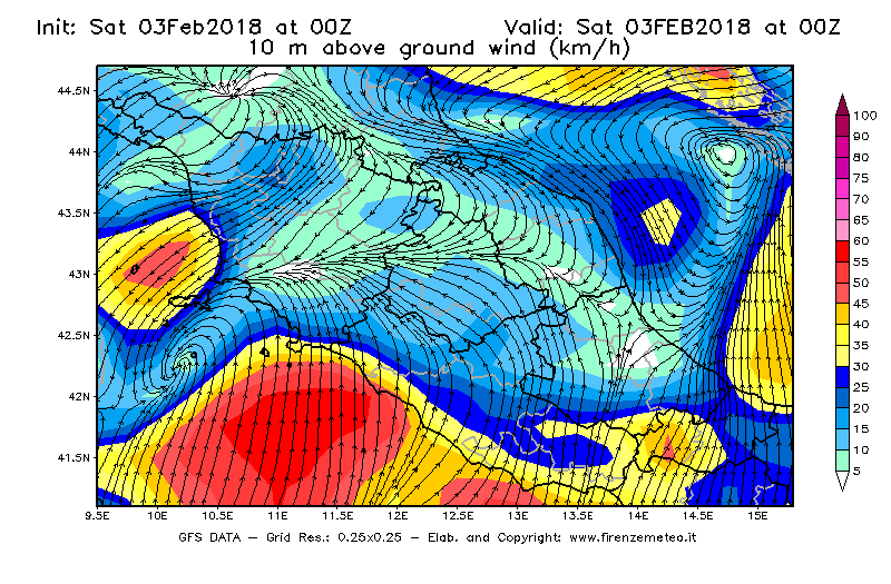 Mappa di analisi GFS - Velocità del vento a 10 metri dal suolo [km/h] in Centro-Italia
							del 03/02/2018 00 <!--googleoff: index-->UTC<!--googleon: index-->
