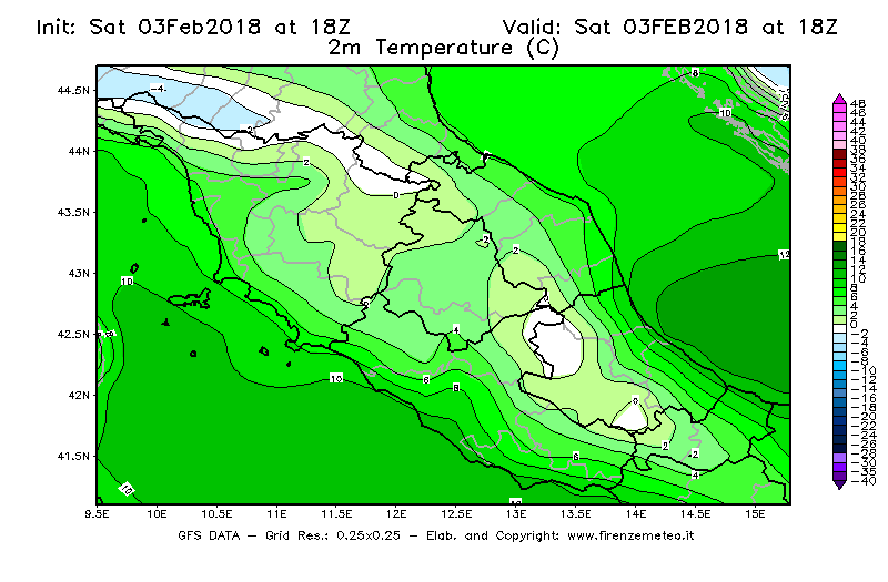 Mappa di analisi GFS - Temperatura a 2 metri dal suolo [°C] in Centro-Italia
									del 03/02/2018 18 <!--googleoff: index-->UTC<!--googleon: index-->