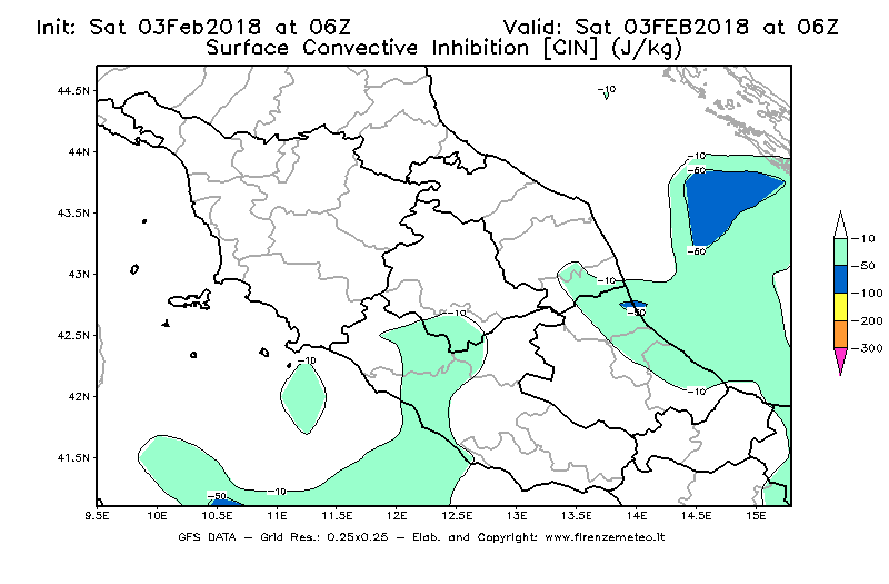 Mappa di analisi GFS - CIN [J/kg] in Centro-Italia
							del 03/02/2018 06 <!--googleoff: index-->UTC<!--googleon: index-->