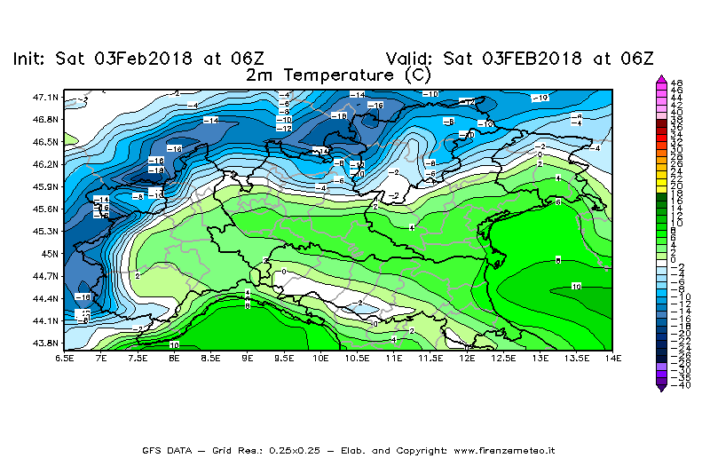 Mappa di analisi GFS - Temperatura a 2 metri dal suolo [°C] in Nord-Italia
							del 03/02/2018 06 <!--googleoff: index-->UTC<!--googleon: index-->