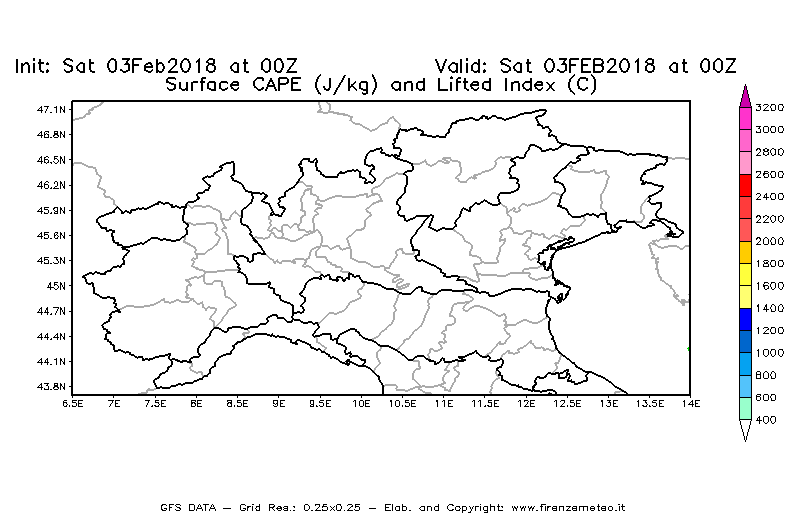Mappa di analisi GFS - CAPE [J/kg] e Lifted Index [°C] in Nord-Italia
							del 03/02/2018 00 <!--googleoff: index-->UTC<!--googleon: index-->