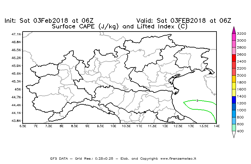 Mappa di analisi GFS - CAPE [J/kg] e Lifted Index [°C] in Nord-Italia
									del 03/02/2018 06 <!--googleoff: index-->UTC<!--googleon: index-->
