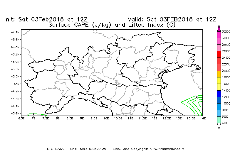Mappa di analisi GFS - CAPE [J/kg] e Lifted Index [°C] in Nord-Italia
							del 03/02/2018 12 <!--googleoff: index-->UTC<!--googleon: index-->