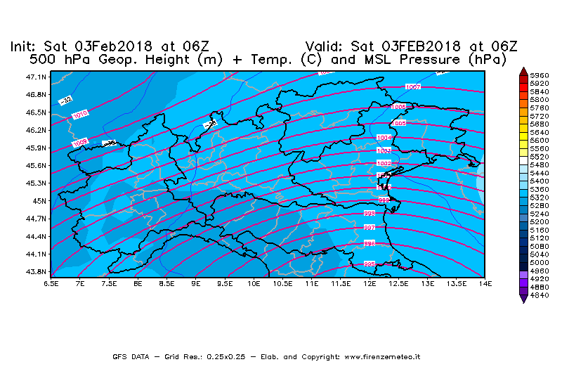 Mappa di analisi GFS - Geopotenziale [m] + Temp. [°C] a 500 hPa + Press. a livello del mare [hPa] in Nord-Italia
							del 03/02/2018 06 <!--googleoff: index-->UTC<!--googleon: index-->