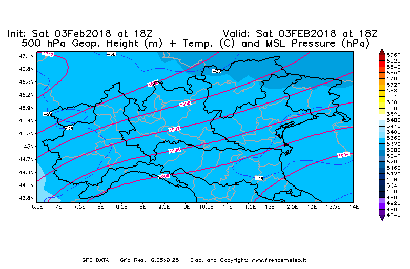 Mappa di analisi GFS - Geopotenziale [m] + Temp. [°C] a 500 hPa + Press. a livello del mare [hPa] in Nord-Italia
									del 03/02/2018 18 <!--googleoff: index-->UTC<!--googleon: index-->