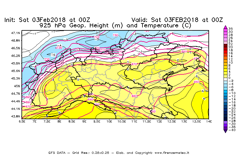 Mappa di analisi GFS - Geopotenziale [m] e Temperatura [°C] a 925 hPa in Nord-Italia
							del 03/02/2018 00 <!--googleoff: index-->UTC<!--googleon: index-->