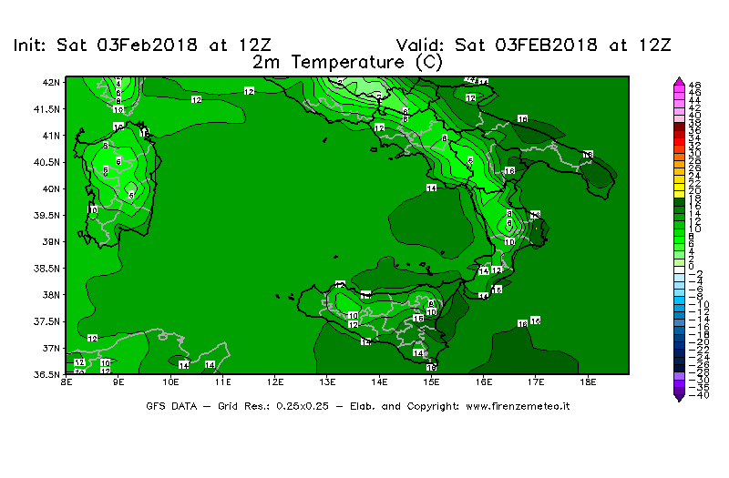 Mappa di analisi GFS - Temperatura a 2 metri dal suolo [°C] in Sud-Italia
							del 03/02/2018 12 <!--googleoff: index-->UTC<!--googleon: index-->