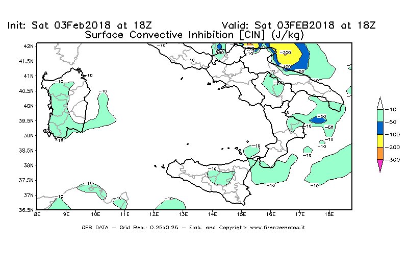 Mappa di analisi GFS - CIN [J/kg] in Sud-Italia
									del 03/02/2018 18 <!--googleoff: index-->UTC<!--googleon: index-->