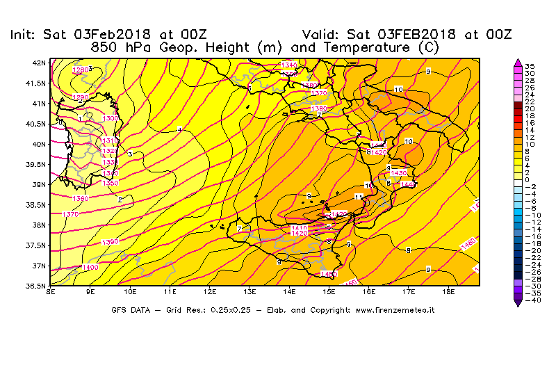 Mappa di analisi GFS - Geopotenziale [m] e Temperatura [°C] a 850 hPa in Sud-Italia
									del 03/02/2018 00 <!--googleoff: index-->UTC<!--googleon: index-->
