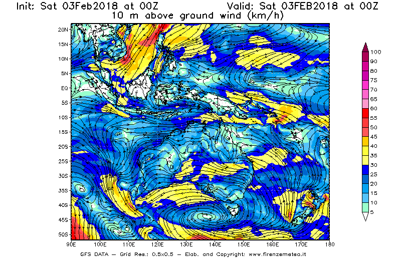 Mappa di analisi GFS - Velocità del vento a 10 metri dal suolo [km/h] in Oceania
							del 03/02/2018 00 <!--googleoff: index-->UTC<!--googleon: index-->