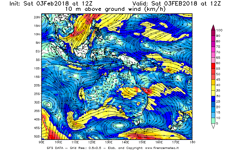 Mappa di analisi GFS - Velocità del vento a 10 metri dal suolo [km/h] in Oceania
									del 03/02/2018 12 <!--googleoff: index-->UTC<!--googleon: index-->