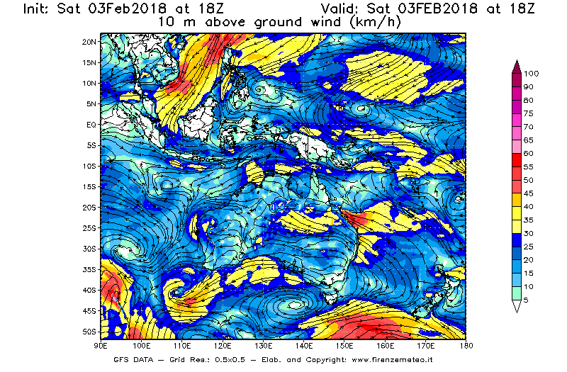Mappa di analisi GFS - Velocità del vento a 10 metri dal suolo [km/h] in Oceania
									del 03/02/2018 18 <!--googleoff: index-->UTC<!--googleon: index-->