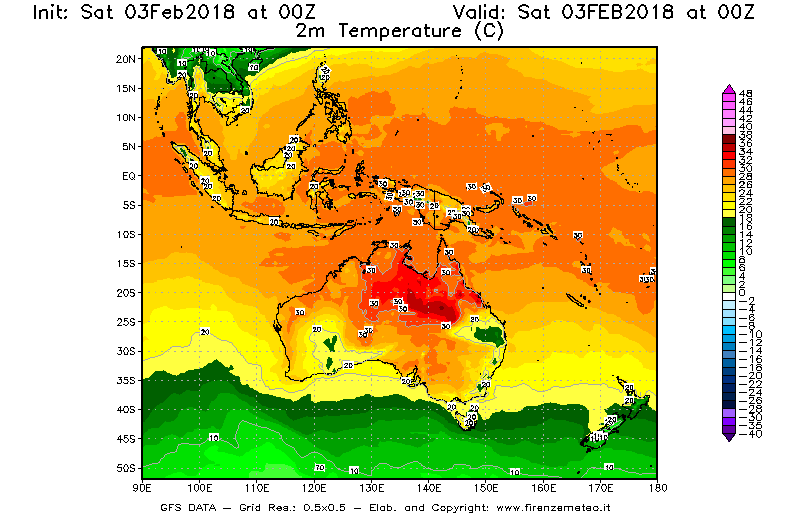 Mappa di analisi GFS - Temperatura a 2 metri dal suolo [°C] in Oceania
									del 03/02/2018 00 <!--googleoff: index-->UTC<!--googleon: index-->