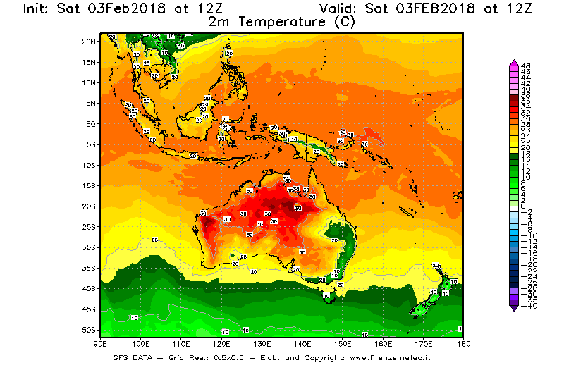Mappa di analisi GFS - Temperatura a 2 metri dal suolo [°C] in Oceania
									del 03/02/2018 12 <!--googleoff: index-->UTC<!--googleon: index-->