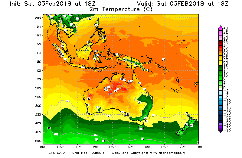 Mappa di analisi GFS - Temperatura a 2 metri dal suolo [°C] in Oceania
							del 03/02/2018 18 <!--googleoff: index-->UTC<!--googleon: index-->